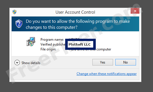 Screenshot where PlotSoft LLC appears as the verified publisher in the UAC dialog